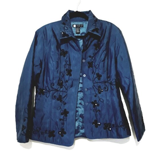 100% Silk Carole Little Blue Quilted Black Floral Sequins Jacket Size Large - Picture 1 of 6
